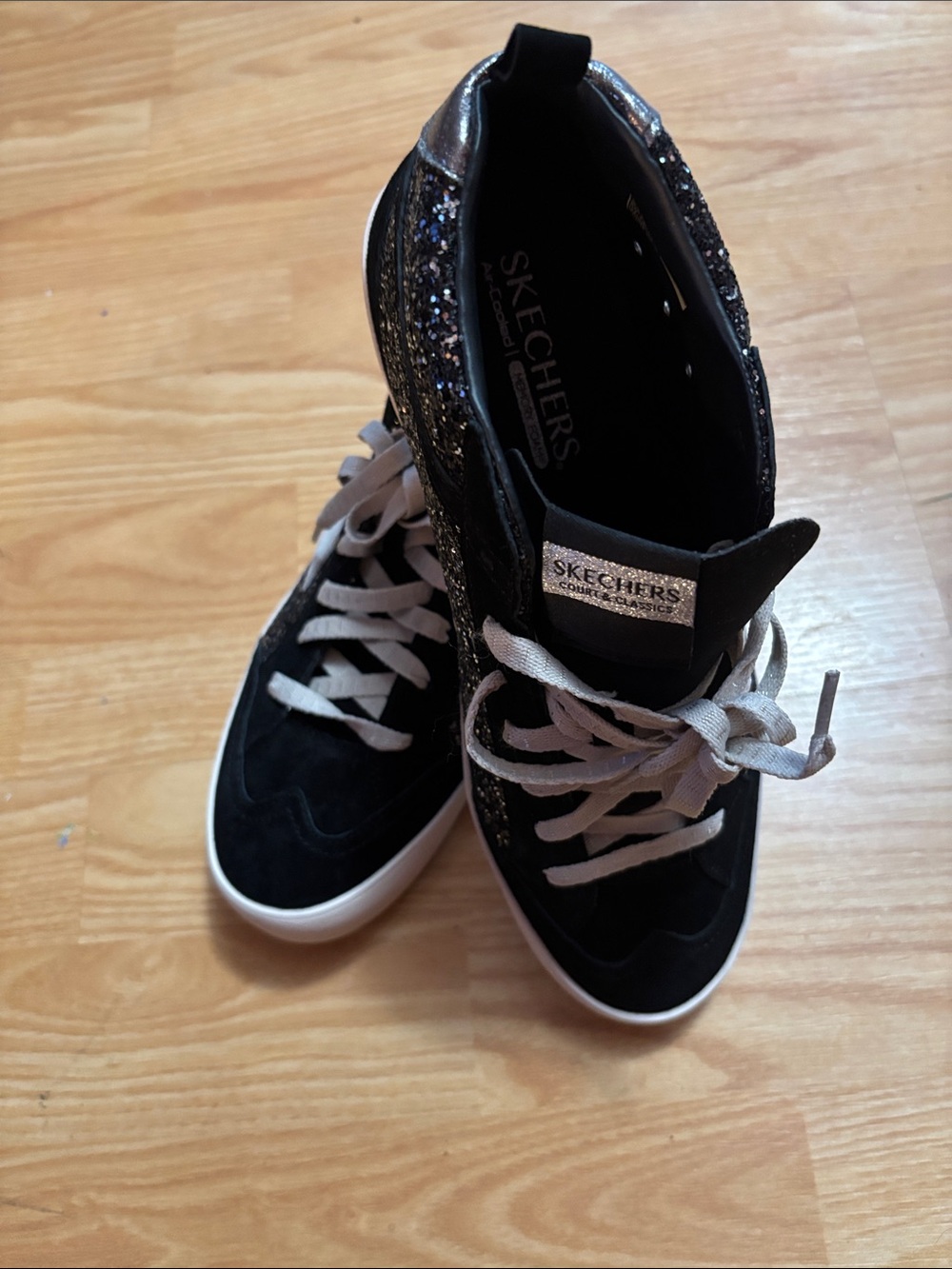 Skechers Women’s Black Glitter Lace-Up High Top Sneakers with Silver Accents